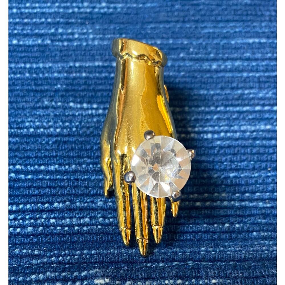 Vintage M. JENT Hand Gemstone Ring Pin 1980s Gold Tone Faux Diamond Rhinestone